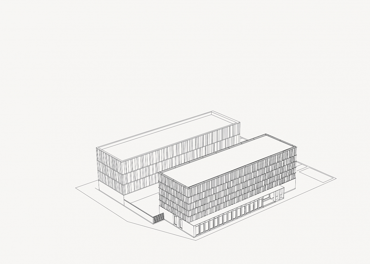 De archief depots boven op de publieke plint en de toekomstige uitbreiding aan de achterzijde