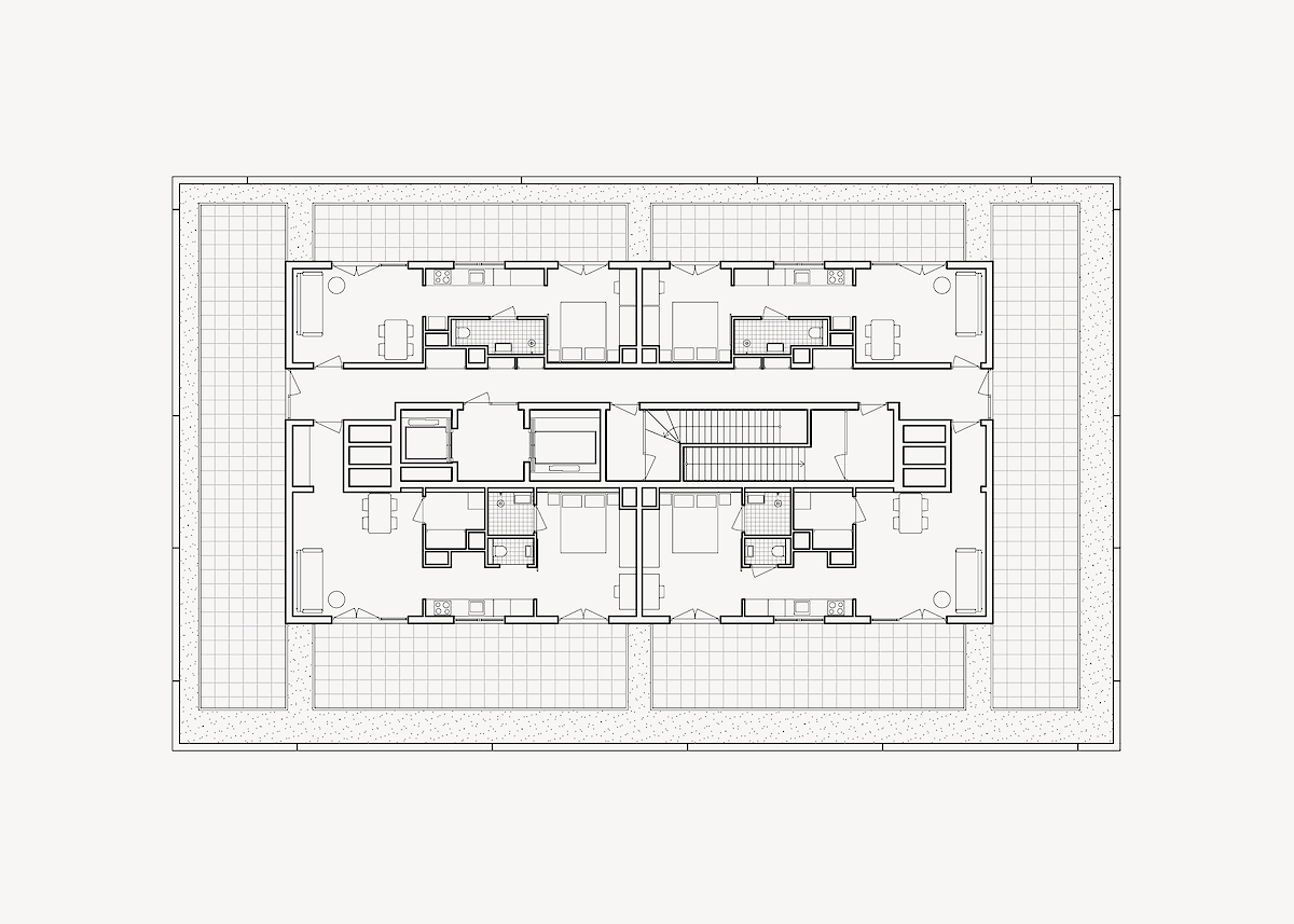 Plattegrond<br>bovenste verdieping met penthouses