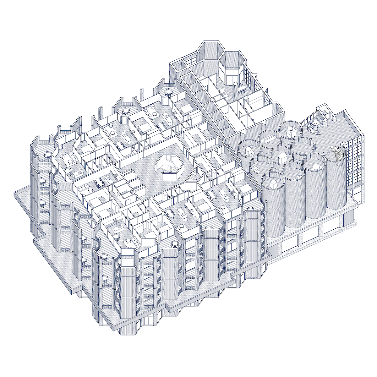 Axometrie van het nieuwe woongebouw in relatie tot het voormalige silogebouw