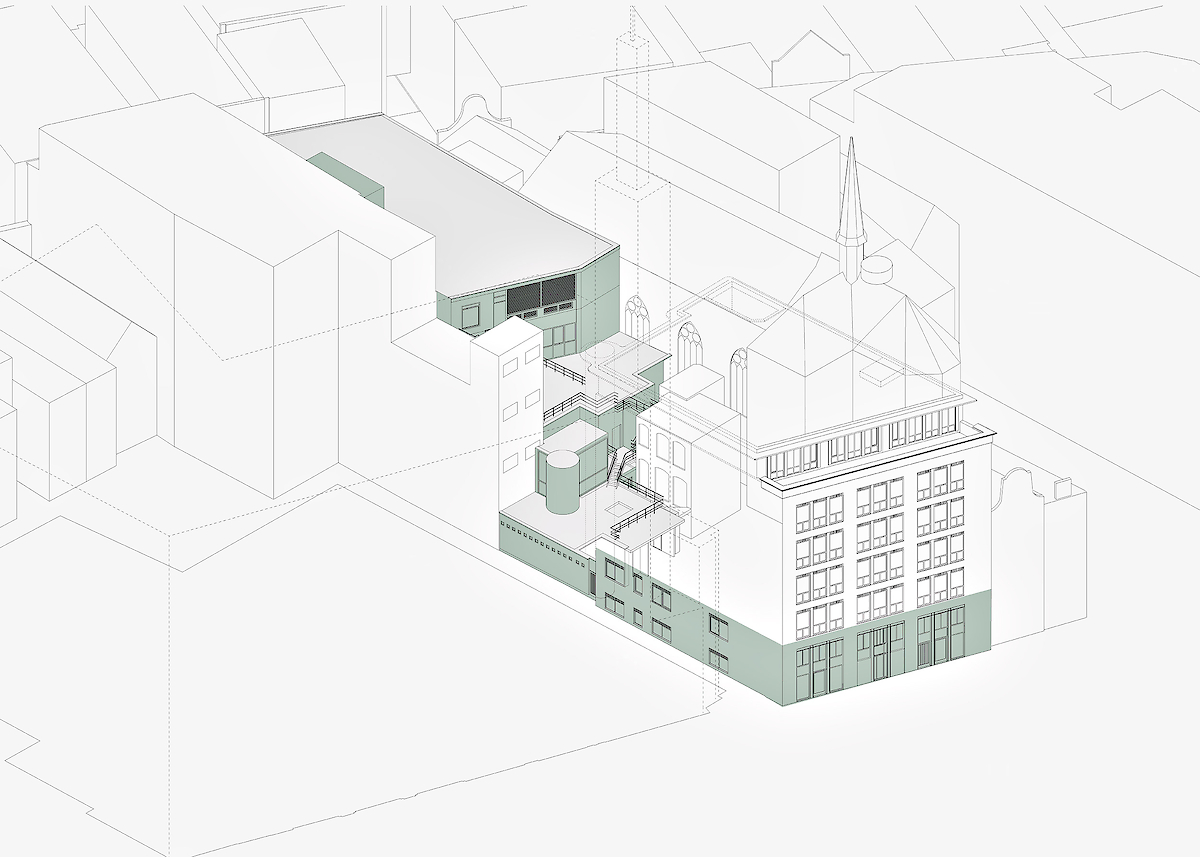 Voor de transformatie: <br>In de loop der jaren zijn de gebouwen aan elkaar vast geknoopt