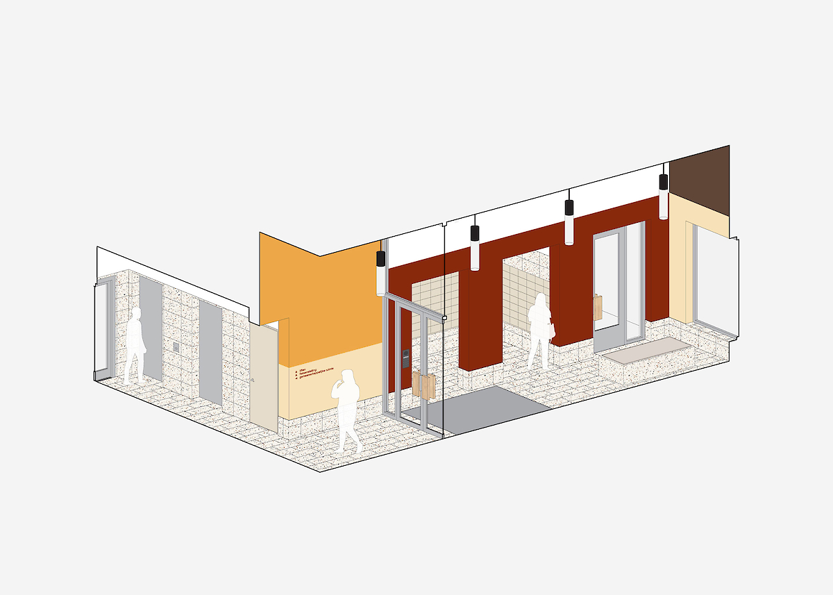 The communal entrance, with colour palette by Jan van der Ploeg