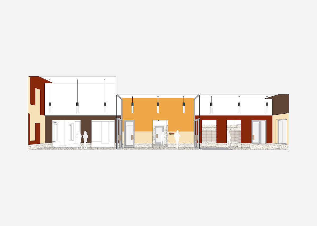 The communal entrance, with colour palette by Jan van der Ploeg